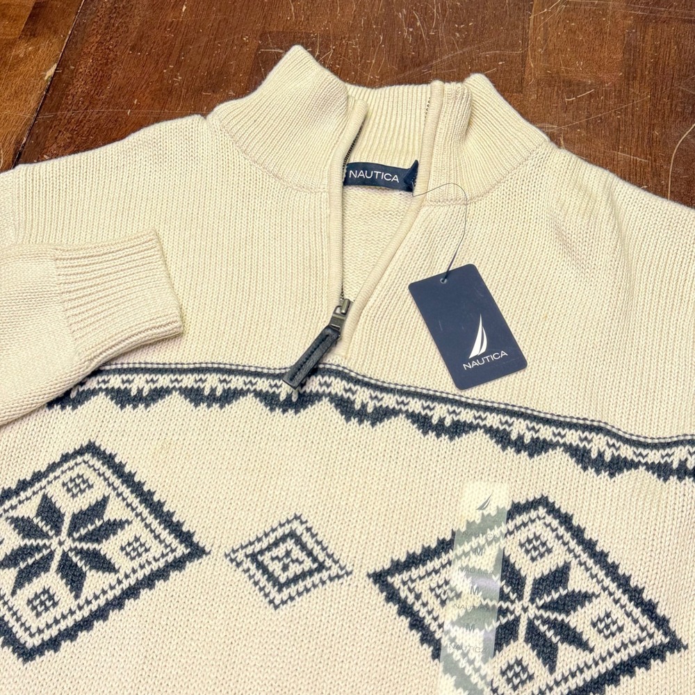 New Nautica Quarter 1/4 Zip Sweater Mens M Cream Fair Isle Snowflake Cotton Wool